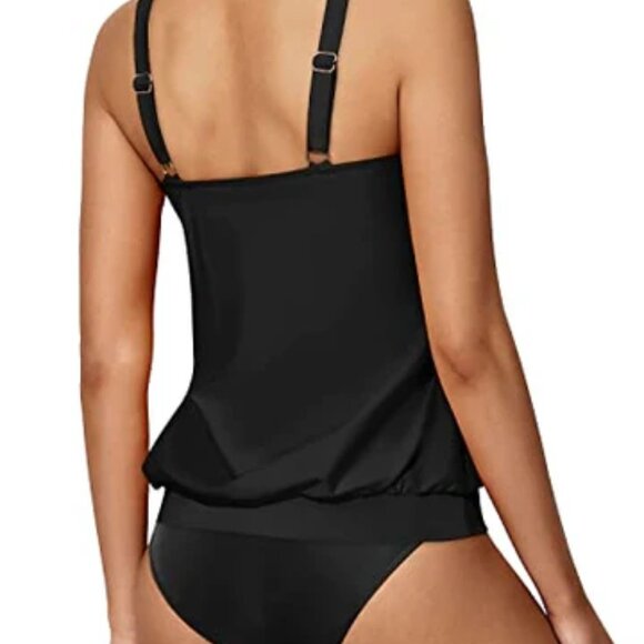 YONIQUE BLACK SCOOP BLOUSON TANKINI TOP & STANDARD RISE SWIM BOTTOM SIZE XXL NWT - Picture 3 of 4